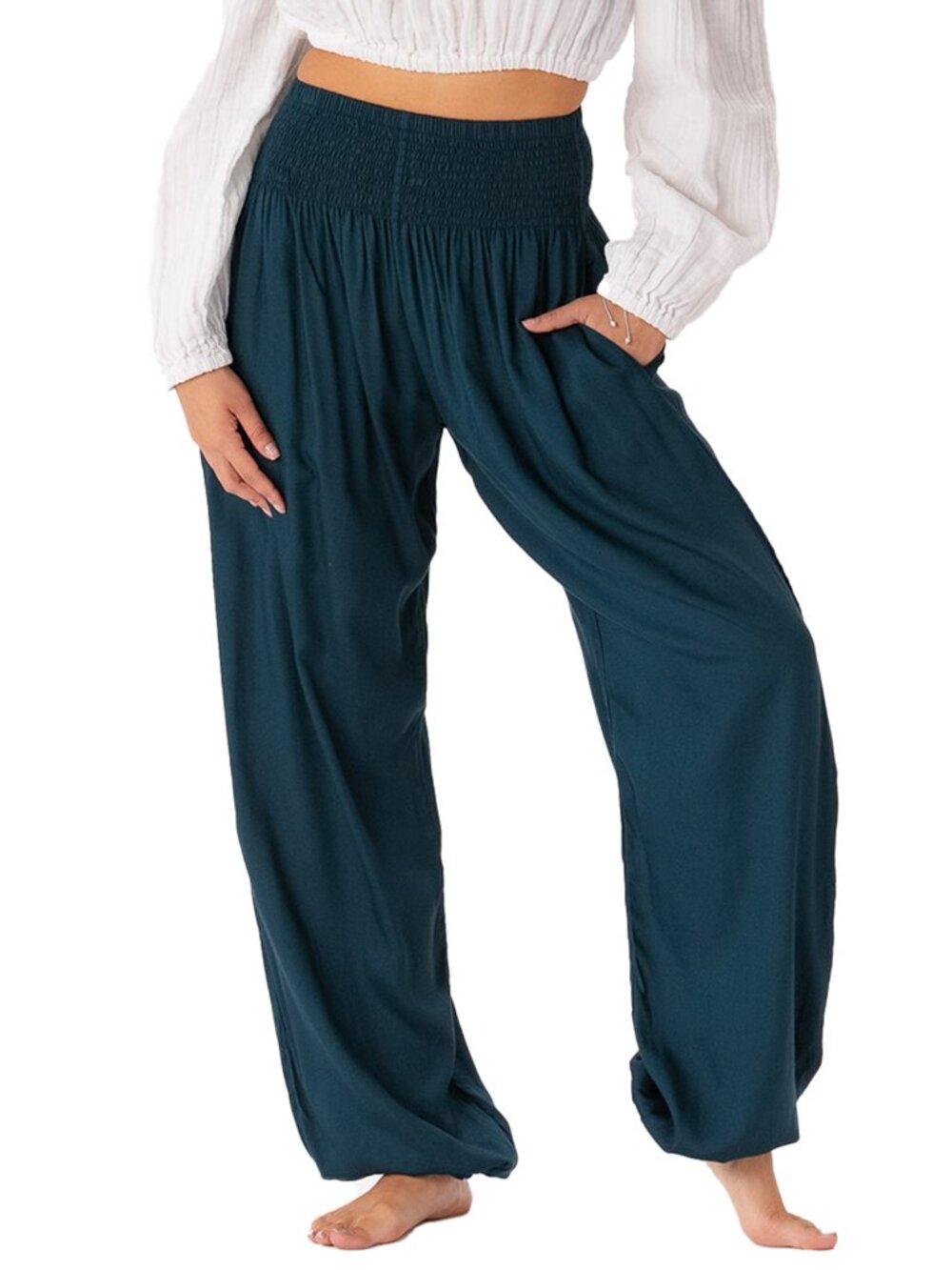 NWT Lotus and Luna Deep Teal Harem Pants Size S Boho Lounge Pants w/ pockets